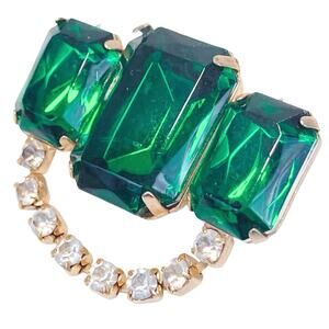 Mid Century Acrylic Rhinestone Brooch Gold Tone Green Pin Geometric Structural